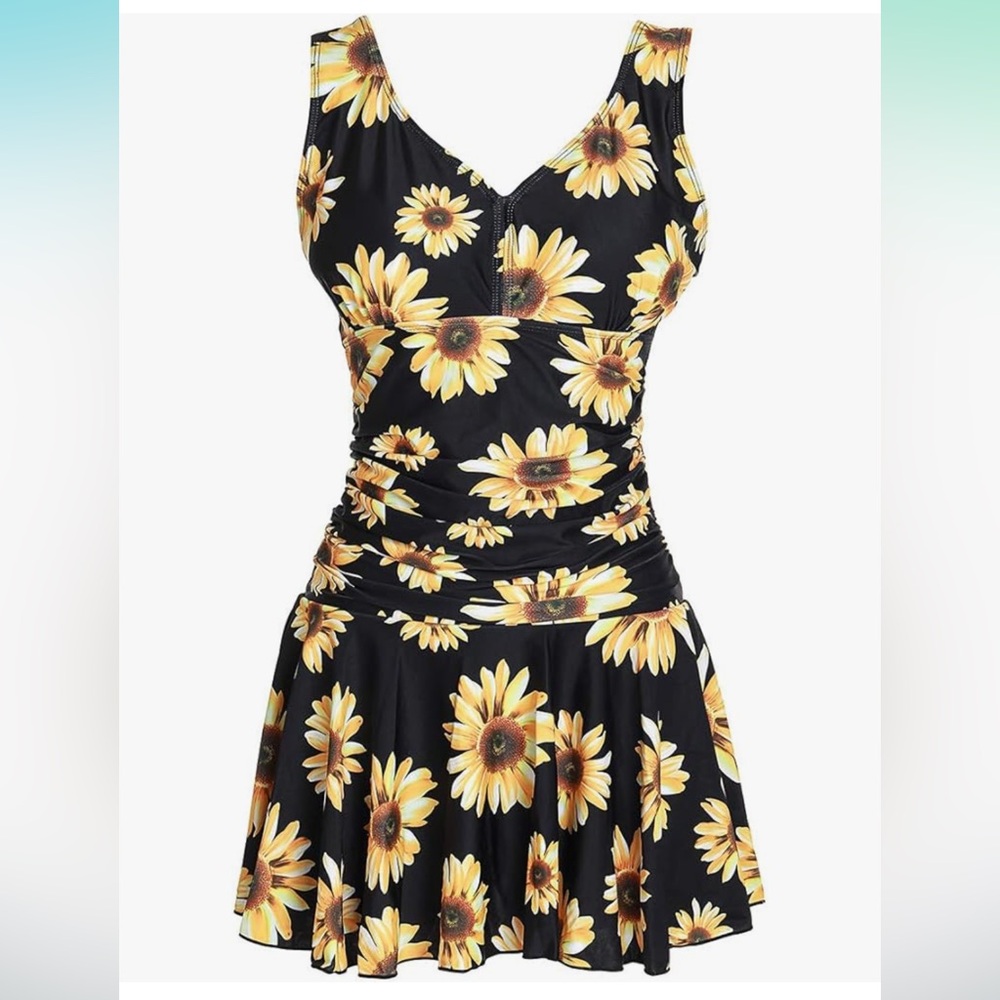 Sunflower Swimdress One-Piece Swimsuit - Black/Yellow